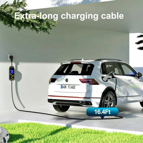 No Brainer Plug And Play Portable EV Charger With GB/T Connector And NEMA 5 15 Household Plug, Adjustable 8 To 16 Amps On 110 Volt Outlets, Features LCD Screen, Flexible Cord And Smart Timer, with extra-long charging cable in use.