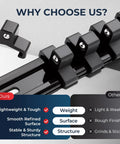 Close-up of 9 Piece Socket Organizer Set With 1/4 Inch 48 Clips, 3/8 Inch 45 Clips, And 1/2 Inch 36 Clips, ABS rail holder features comparison.