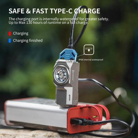 Rechargeable Mini EDC Flashlight With Magnet, Right Angle Design charging via Type-C cable on power bank outdoors