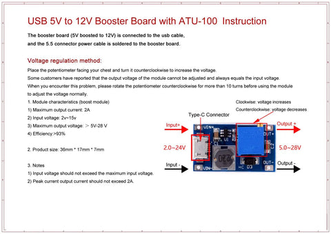 ATU 100 EXT Automatic Antenna Tuner 1.8 to 50 MHz instruction for USB 5V to 12V booster board with labels and connectors visible