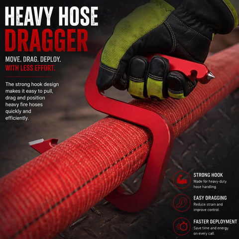 Firefighter Multitool Rescue Tool With Window Breaker And Spanner Wrench Lightweight Aluminum Alloy Gear in use on fire hose