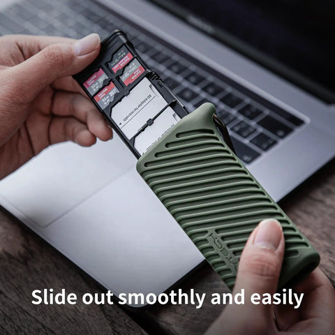 Person using Lightning Fast USB 3.1 Type C Memory Card Reader With SD TF Nano Support 2 In 1 Card Reader Holder Green over laptop