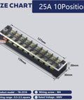 Beefed Up Heavy Duty 600V 25A Dual Row Screw Terminal Block Kit With Cover And Pre Insulated Barrier Strips, dimensions labeled