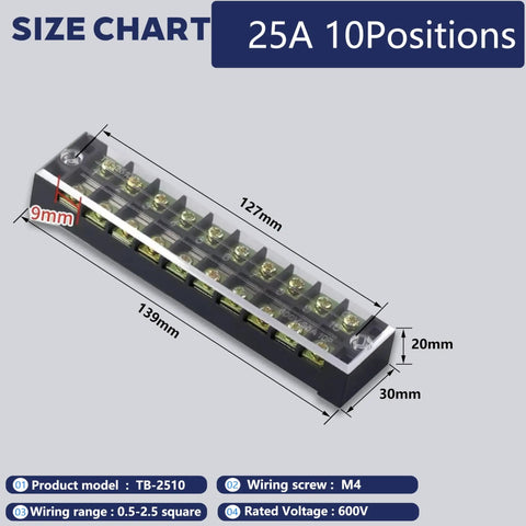 Beefed Up Heavy Duty 600V 25A Dual Row Screw Terminal Block Kit With Cover And Pre Insulated Barrier Strips, dimensions labeled