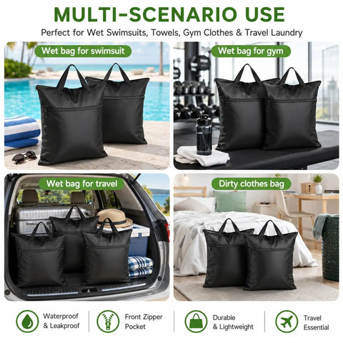Collage of Two Pack Go-To Travel Laundry Bag With Large 18 By 23 Inch Wet Bag For Dirty Clothes And Swim Gear Towels Shoes And Gym Essentials Great For Weekender Trips Black in various use scenarios.