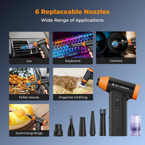 2 In 1 Air Blower And Suction Duster With Brushless Motor, 150000 RPM, stepless speed control, with 6 replaceable nozzles