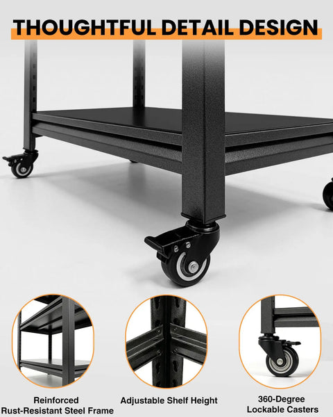 Close-up of 52 Inch Rolling Work Table with adjustable height, lockable wheels, and pegboard surface in a workshop setting.