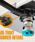 Air-tight rubber intake connected to the dust collection kit of Rock Solid Benchtop Router Table Setup.
