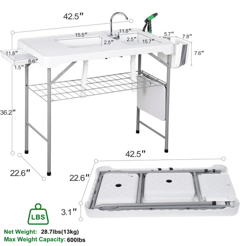 Dimensions of Dual Sink Fish Cleaning Table For Camping And Picnics, 42.5 Inch Portable Folding Fish Station, white folding layout view.
