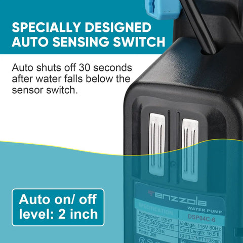 Automatic Submersible Sump Pump One Third HP 2400 GPH Portable Water Removal Transfer Pump close-up of auto sensing switch