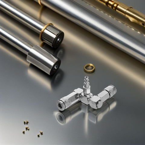 360 Degree Swivel 2 Way Air Hose Splitter with Nickel Plated Steel Pneumatic Fitting on metallic surface
