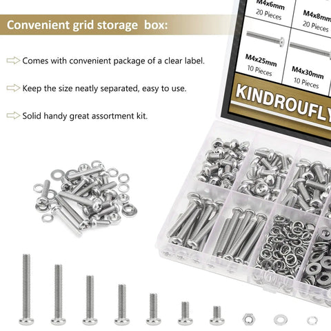 M4 Phillips Pan Head Machine Screw Set With Nuts And Washers, 372-Piece Stainless Steel 304 Assortment Kit in storage box.
