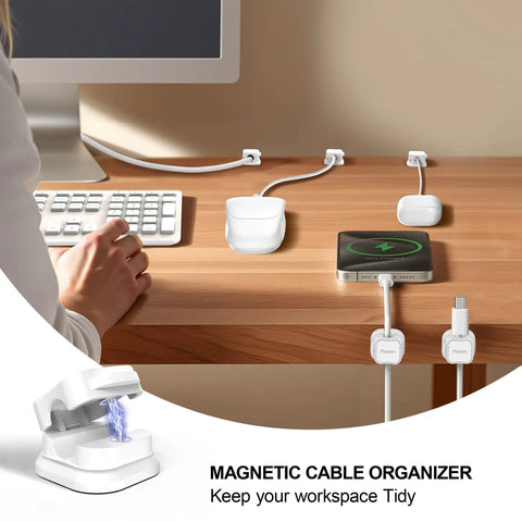 Magnetic Cable Clip Organizer Pack for Car Desk Nightstand And Wall Mount Adhesive Cord Holder Keeps USB Cables And Chargers Neat No Mess 0.3 Inch Slot Fits Most Cables Wire Keeper For Home Office shown on desk with cables.