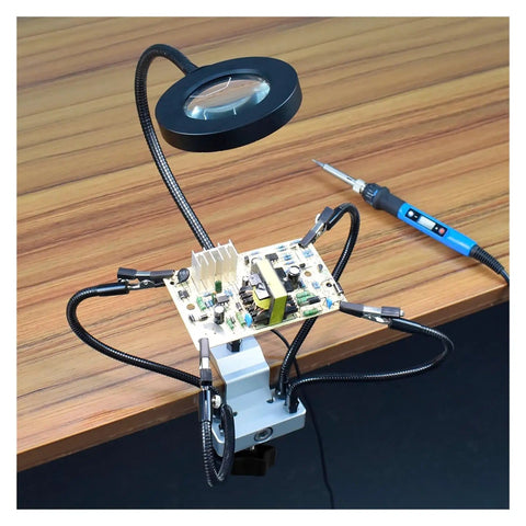 Third Hand Desk Clip Soldering PCB Holder Tool With 3X LED Magnifier And 5Pcs Helping Arms for Welding on Wooden Desk