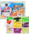 Roo Kit 62 Piece Crappie Fishing Kit With Shad Mimic Lures Shad Belly Design And Split Tail For Irresistible Bites Plus Scent Holding Pouch To Boost Catch Rate Made In USA, visible in box compartments with colorful lures and hooks.