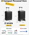 16 Inch Underseat Carry On Luggage Airline Approved Hard Shell Suitcase With TSA Lock And 360 Degree Spinner Wheels Lightweight Personal Item Travel Companion Black, shown with wheels on and off