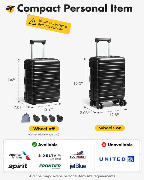 16 Inch Underseat Carry On Luggage Airline Approved Hard Shell Suitcase With TSA Lock And 360 Degree Spinner Wheels Lightweight Personal Item Travel Companion Black, shown with wheels on and off