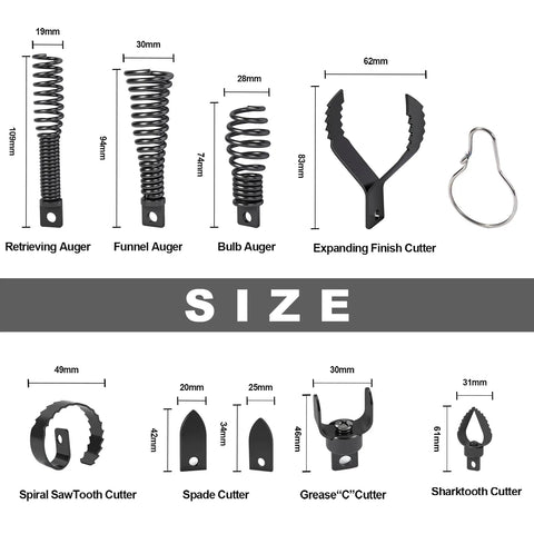 Heavy Duty Drain Snake Drill Attachment And Cutter Auger Set sizes including retrieving auger, funnel auger, bulb auger, and cutters.