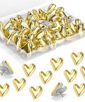 Thirty Piece Pack Of Rustproof Metal Veneered Heart Shaped Push Screws For Gallery Walls Decorative Picture Partitions in gold.