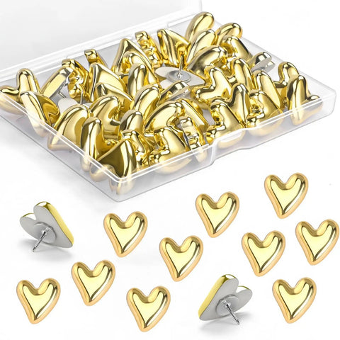 Thirty Piece Pack Of Rustproof Metal Veneered Heart Shaped Push Screws For Gallery Walls Decorative Picture Partitions in gold.