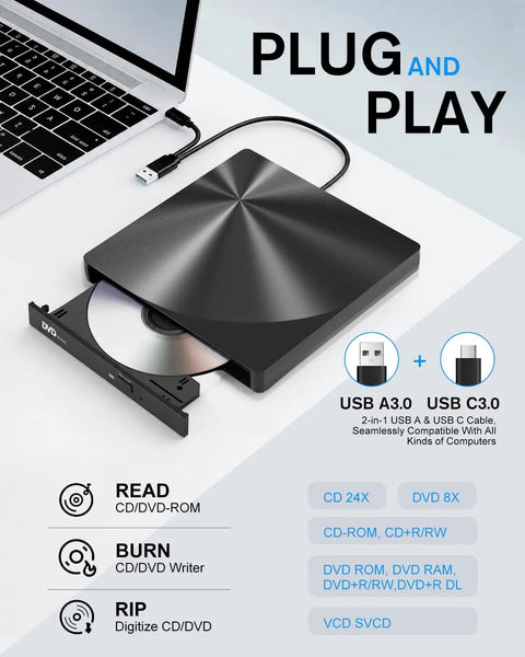 External CD DVD Drive With USB 3.0 And Type-C Plug And Play Portable Burner For Laptops And Macs No Extra Power Needed Ultra Slim Travel Ready Optical Drive with USB-A and USB-C cable