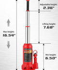 3 Ton Double Ram Bottle Jack With Extended Lift Range From 6.5 To 16.5 Inches, hydraulic car jack, red with measurements listed