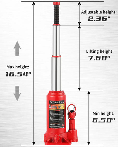 3 Ton Double Ram Bottle Jack With Extended Lift Range From 6.5 To 16.5 Inches, hydraulic car jack, red with measurements listed
