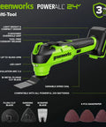 Rugged 24 Volt Cordless Tool Combo Featuring Drill And Impact Driver Plus Circular Saw And Multi Tool shows a multi-tool with accessories and features.
