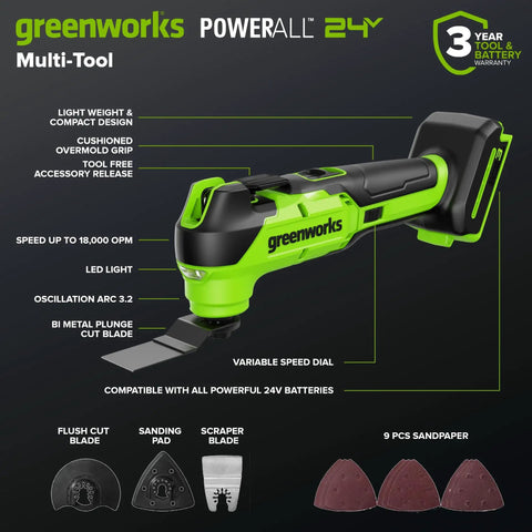 Rugged 24 Volt Cordless Tool Combo Featuring Drill And Impact Driver Plus Circular Saw And Multi Tool shows a multi-tool with accessories and features.
