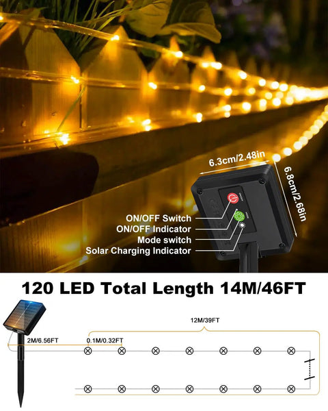 Lit Solar Rope Lights 120LED 46FT Outdoor String Lights waterproof with 8 modes, showing lit garden scene and control box.