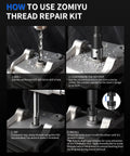 ZOMIYU M6x1.0 thread repair kit; 10-pc 304 stainless inserts; four-panel front view: drill, counterbore, tap, install