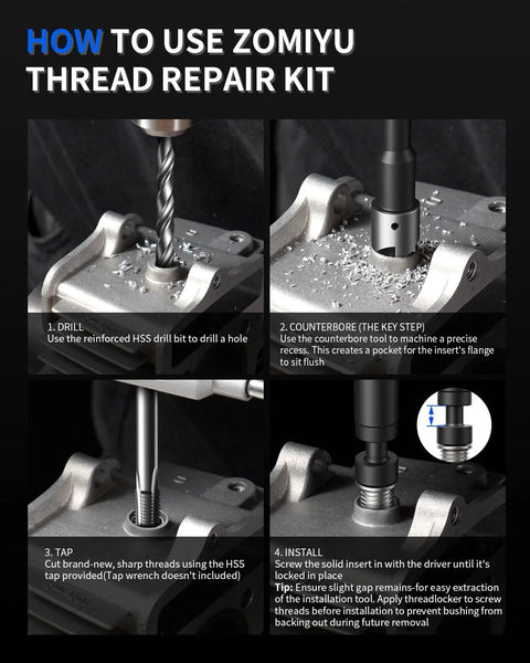 ZOMIYU M6x1.0 thread repair kit; 10-pc 304 stainless inserts; four-panel front view: drill, counterbore, tap, install