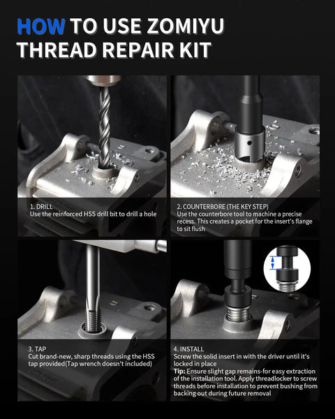 Instructional image showing steps to use M10x1.25 Thread Repair Kit With HSS Drill Tap Counterbore And Installation Driver for fixing threads.