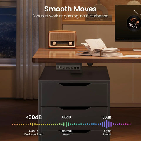 Electric Standing Desk With 6 Drawers, 55 Inch Wide Adjustable Desk setup showing smooth motor operation in home office