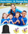 Kids receiving medals, smiling with adult, Game Prizes & Storage Bag shown, part of Tug Of War Rope For Kids And Adults Outdoor Party Game