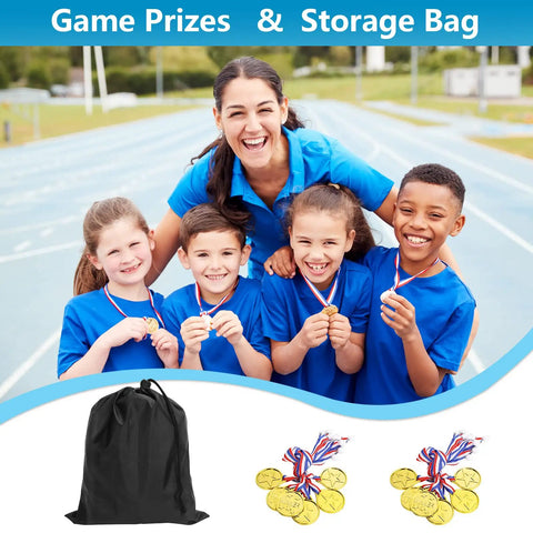 Kids receiving medals, smiling with adult, Game Prizes & Storage Bag shown, part of Tug Of War Rope For Kids And Adults Outdoor Party Game