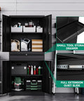 Heavy Duty Metal Garage Storage Cabinet With Drawer And Locking Doors, 4 Door Tool Cabinet showing open shelves and storage use