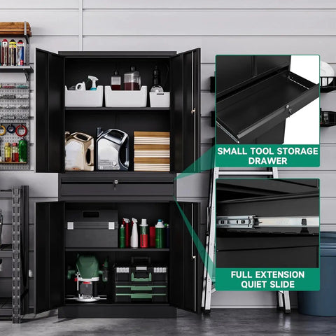 Heavy Duty Metal Garage Storage Cabinet With Drawer And Locking Doors, 4 Door Tool Cabinet showing open shelves and storage use