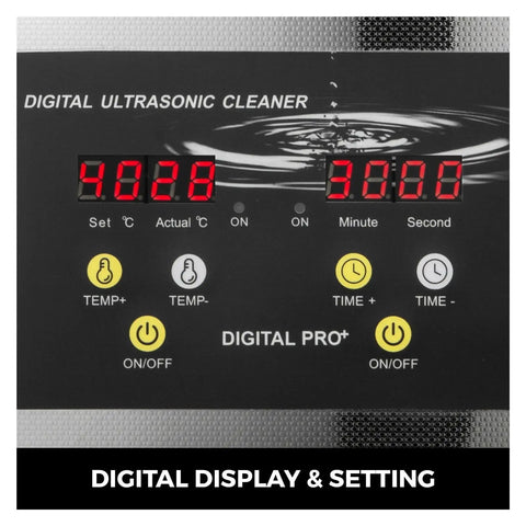 Digital display of Top Notch Ultrasonic Cleaner Featuring 40 Khz Dual Transducers for precise temperature and timer settings.