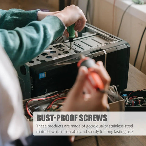 Person using Rock Solid 360Pcs Rust Proof Flat Head And Countersunk Computer Screws M2 M2.5 M3 Stainless Steel for PC repair.