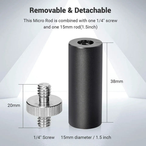Straight Up Solid 15mm Micro Rod For Camera Rigs, 1.5 Inch Durable Aluminum Mounting Bar with 1/4 screw and dimensions.
