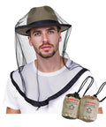 Man wearing Two Pack Mosquito Head Net For Hats, Ultra Fine Ice Silk Bug Mask Hood with pouches shown, fits most hats, breathable