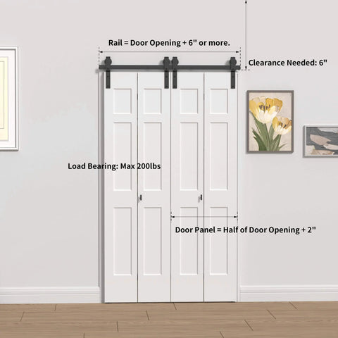 48 Inch Double Bifold Sliding Barn Door Hardware Kit For Closets With Smooth Quiet Operation installed on a white door with 52 Inch Track.