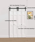 Double Bifold Sliding Barn Door Hardware Kit For Closet Doors, 48 Inch, Top Mount Track System installed on wall with décor