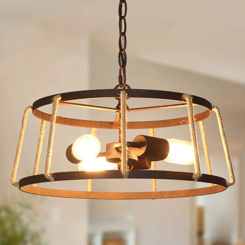 Farmhouse Bronze Drum Chandelier With Hemp Rope, 3 Light Dining Room And Kitchen Island Lighting, wire cage, rustic style
