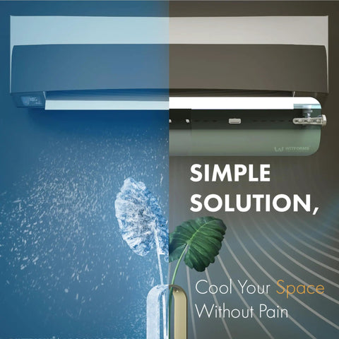 Adjustable AC Air Deflector Extends From 24 To 43 Inches, 360 Degree Rotatable, mounted on split AC unit, directing airflow.