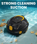 Cordless Robotic Pool Cleaner With Dual Motors And Beastly Suction for flat pools showing strong cleaning action with leaves