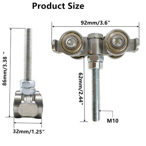 Four Wheel Strut Channel Trolley Assembly For 1-5/8 Inch Wide Unistrut Doors Pack Of 2 front and side view with dimensions