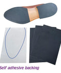 4 Pieces Shoe Sole Protectors Anti Slip Grip Pads Self Adhesive Non Skid Noise Reduction Sticker For Shoes Black Durable Rubber Backing With High Abrasion Resistance For Indoor Outdoor Use displayed next to adhesive backing and shoe application view.