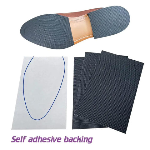 4 Pieces Shoe Sole Protectors Anti Slip Grip Pads Self Adhesive Non Skid Noise Reduction Sticker For Shoes Black Durable Rubber Backing With High Abrasion Resistance For Indoor Outdoor Use displayed next to adhesive backing and shoe application view.